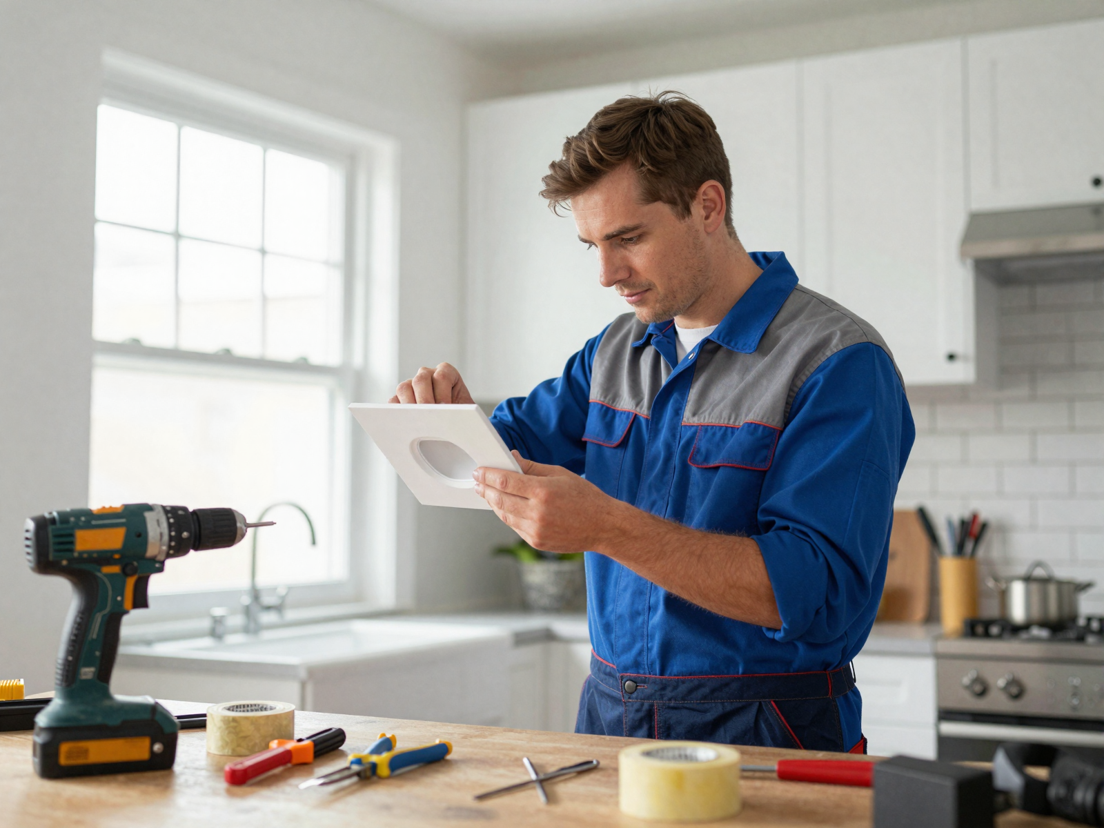 Professional electrician installing lighting fixture